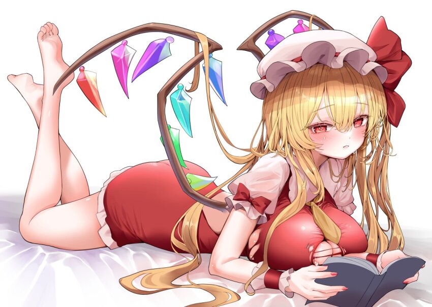 1girl alternate_breast_size ass barefoot blonde_hair blush book breasts cleavage crystal_wings flandre_scarlet full_body hat heart heart-shaped_pupils holding holding_book large_breasts long_hair lying mikan_(manmarumikan) mob_cap on_stomach red_eyes red_nails red_shirt red_skirt shirt simple_background skirt solo sweat symbol-shaped_pupils touhou white_background white_hat