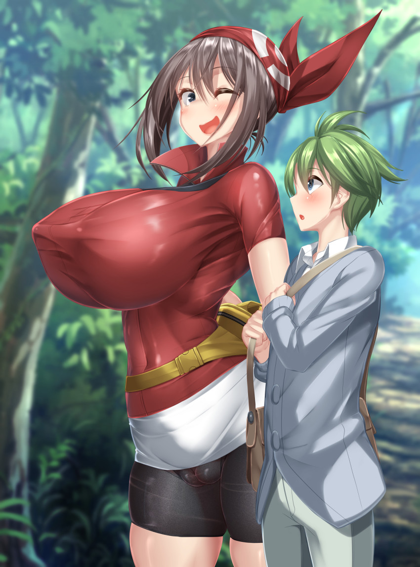 1boy 1girl absurdres bag bandana black_shorts blue_eyes blush breasts brown_hair cameltoe covered_erect_nipples covered_navel creatures_(company) forest game_freak green_hair height_difference highres huge_breasts kawahagitei long_hair long_sleeves looking_at_another may_(pokemon) nature nintendo one_eye_closed open_mouth outdoors pokemon pokemon_rse red_bandana red_shirt shirt short_hair short_sleeves shorts size_difference skindentation taller_female wally_(pokemon) white_shirt wink