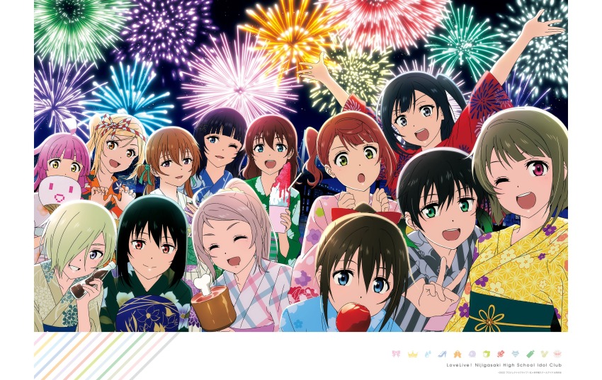 6+girls absurdres artbook asaka_karin asymmetrical_hair black_hair blonde_hair blue_eyes blue_kimono blunt_bangs blunt_ends bob_cut bow braid braided_bun brown_hair candy_apple closed_eyes emma_verde fireworks floral_print food freckles gradient_hair green_eyes green_hair grey_eyes grey_hair hair_between_eyes hair_bow hair_bun hair_ornament hair_over_one_eye half_updo hand_fan highres holding holding_fan japanese_clothes kimono konoe_kanata long_hair looking_at_viewer love_live! love_live!_nijigasaki_high_school_idol_club medium_hair mia_taylor mifune_shioriko miyashita_ai mole multicolored_hair multiple_girls multiple_moles nakasu_kasumi night night_sky nijigasaki_school_uniform non-web_source obi official_art one_eye_closed one_side_up open_mouth orange_eyes orange_hair osaka_shizuku paper_fan pink_eyes pink_hair ponytail print_kimono purple_eyes purple_hair red_bow red_eyes red_kimono ribbon sash school_uniform short_hair short_ponytail sidelocks single_side_bun sky smile streaked_hair swept_bangs takasaki_yu tennoji_rina twintails two-tone_hair uehara_ayumu v white_kimono yellow_eyes yellow_kimono yokota_takumi yukata yuki_setsuna zhong_lanzhu