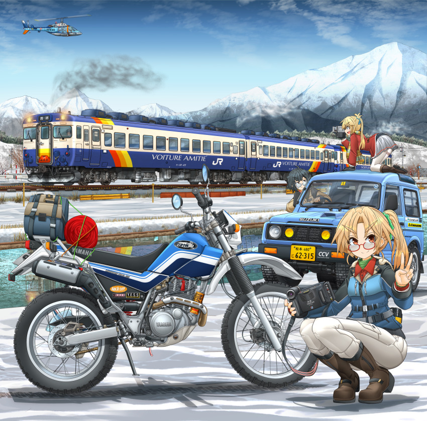 3girls absurdres aircraft all_fours black-framed_eyewear black_footwear black_gloves black_hair blue_coat blue_ribbon blue_sky boots brown_jacket camera car clear_sky closed_mouth coat colored_sclera commentary_request day driving frown glasses gloves grey_skirt hair_ribbon helicopter highres holding holding_camera jacket long_hair long_sleeves medium_hair mikeran_(mikelan) miniskirt motor_vehicle motorcycle mountainous_horizon multiple_girls multiple_unit_train on_car on_vehicle one_side_up open_mouth original outdoors pants pantyhose partial_commentary pleated_skirt red-framed_eyewear red_coat ribbon semi-rimless_eyewear short_hair side_ponytail skirt sky smile snow squatting suzuki_(company) suzuki_jimny sweatdrop taking_picture train under-rim_eyewear v video_camera white_pants white_pantyhose winter_clothes yamaha yellow_sclera