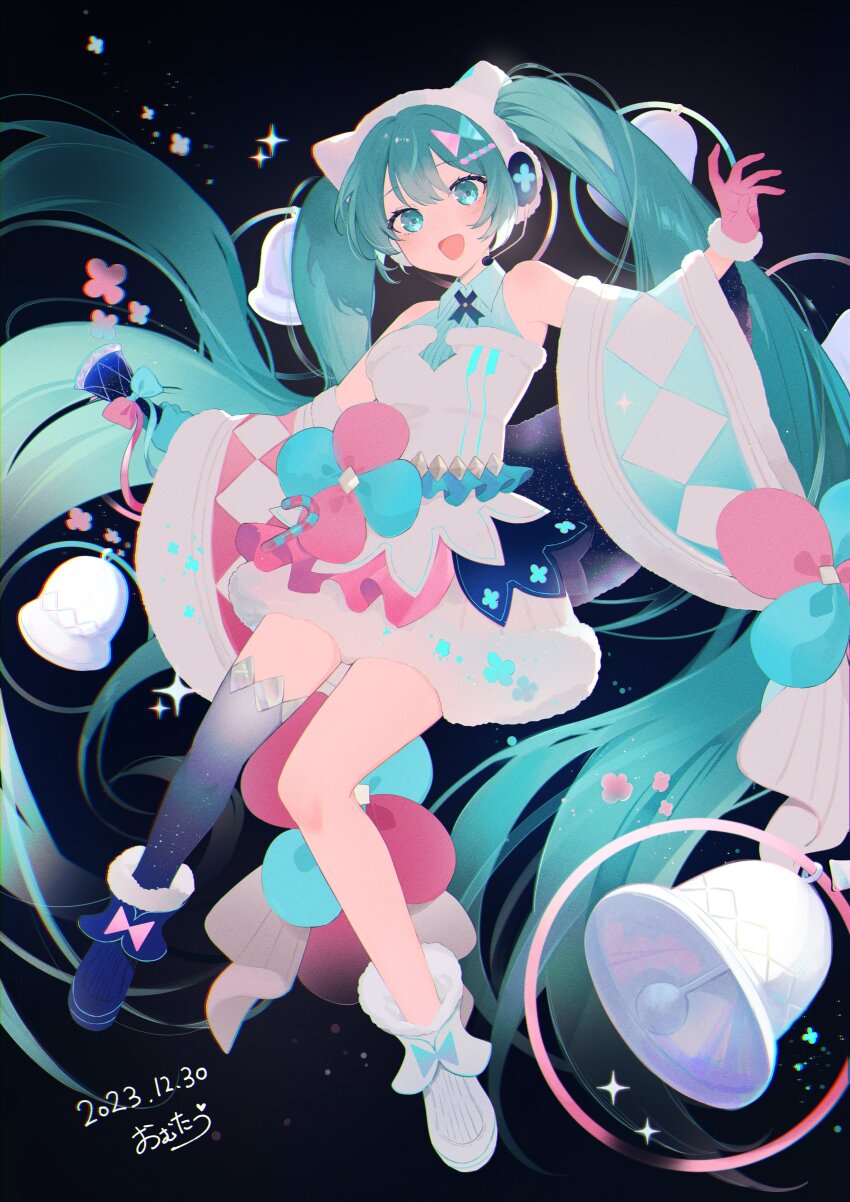 1girl absurdres aqua_eyes aqua_hair artist_name asymmetrical_footwear asymmetrical_gloves bell bell_ringing black_background blue_background blue_boots blue_gloves blue_ribbon boots bow bowtie commentary dated dated_commentary dress dress_bow floating fur-trimmed_boots fur-trimmed_dress fur-trimmed_gloves fur-trimmed_shawl fur-trimmed_sleeves fur_trim gloves gradient_background gradient_legwear handbell hatsune_miku headphones headset highres holding holding_bell long_hair looking_at_viewer magical_mirai_(vocaloid) magical_mirai_miku magical_mirai_miku_(2020_winter) microphone_wand mismatched_footwear mismatched_gloves multicolored_ribbon omutatsu open_mouth pink_gloves pink_ribbon ribbon shawl shirt signature single_thighhigh sleeveless sleeveless_dress sleeveless_shirt sleeveless_turtleneck smile solo star_(symbol) star_print thighhighs tongue turtleneck twintails very_long_hair vocaloid white_boots white_dress