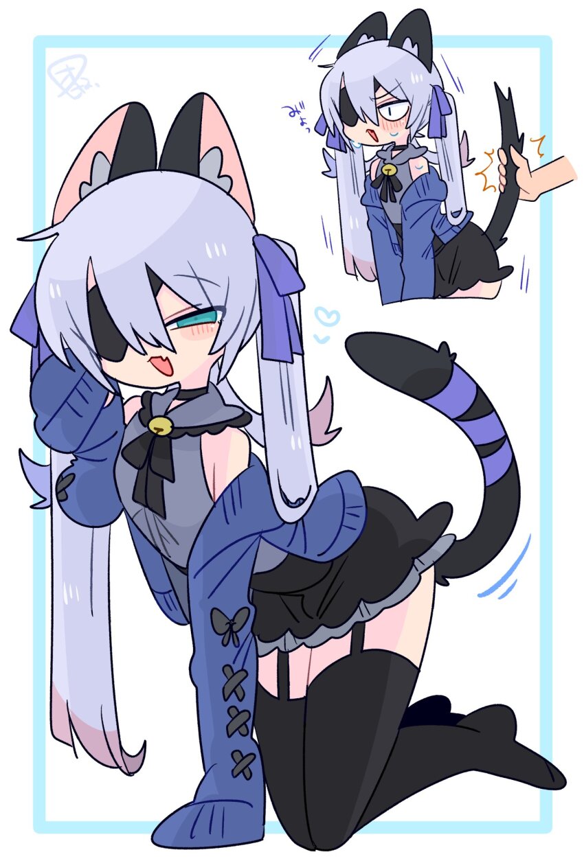 1boy :3 ^^^ all_fours animal_ear_fluff animal_ears bare_shoulders bell black_choker black_corset black_ribbon black_skirt black_tail black_thighhighs black_trim blue_bow blue_cardigan blue_eyes blue_hair blush bow bulge cardigan cat_boy cat_ears cat_tail choker collared_shirt colored_tips commentary corset cowboy_shot crossdressing crossdressing_(mtf) disembodied_hand double-parted_bangs eyepatch fang flipped_hair frilled_shirt_collar frills full_body garter_straps grey_shirt grey_trim hair_between_eyes hair_bow hand_up heart highres jingle_bell kneeling long_hair long_sleeves looking_at_viewer male_focus miniskirt motion_lines multicolored_hair multiple_views narrowed_eyes neck_bell neck_ribbon no_nose no_shoes off_shoulder one_eye_covered op_na_yarou open_cardigan open_clothes open_mouth original paw_pose quad_tails raised_eyebrows red_hair ribbon rigel_(op_na_yarou) shirt sidelocks simple_background skin_fang skirt sleeveless sleeveless_shirt sleeves_past_fingers sleeves_past_wrists straight_hair surprised sweat tail tail_grab thighhighs thighs trap v-shaped_eyebrows v_arms very_long_hair watermark white_background white_hair
