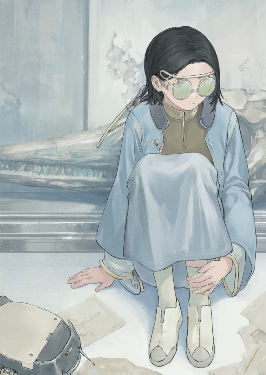 1girl absurdres arm_support black_hair blue_jacket blue_skirt brown_shirt chenrong96 closed_mouth expressionless glasses grey_footwear hair_behind_ear highres jacket knees_up long_sleeves original revision shirt short_hair sitting skirt socks solo