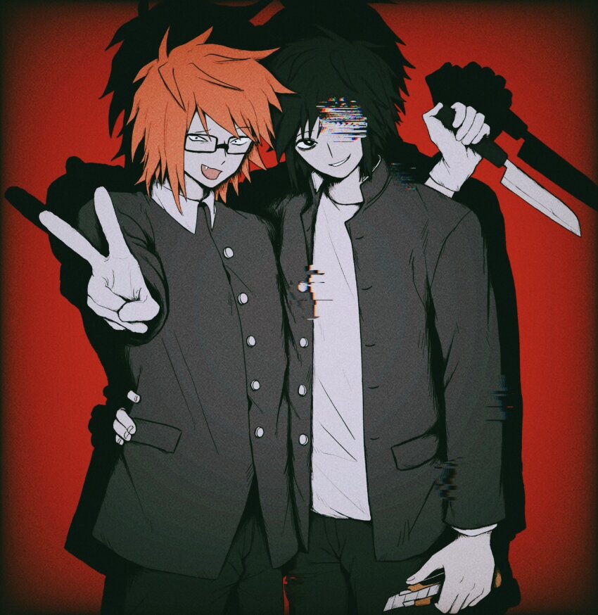 2boys arm_around_waist black_coat black_eyes black_hair boxcutter coat cowboy_shot fang gakuran glasses glitch highres holding holding_boxcutter holding_knife knife looking_at_viewer male_focus multiple_boys orange_hair randal&#039;s_friends randal_ivory red_background school_uniform short_hair tsukada_satoru uri_ka55 v