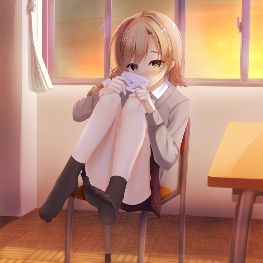 1girl absurdres black_socks blush brown_hair brown_skirt cardigan closed_mouth collared_shirt commentary_request convenient_leg feet full_body furrowed_brow green_eyes grey_cardigan hair_between_eyes hair_ornament hair_scrunchie hands_up heart heart-shaped_pupils highres holding holding_letter indoors knees_up legs letter long_hair long_sleeves looking_at_viewer love_letter low_side_ponytail mikuni_sairi miniskirt mizuka_academy_school_uniform no_shoes nose_blush on_chair pleated_skirt reiji_tsukimi school_uniform scrunchie shirt sitting skirt smile socks soles solo sunset symbol-shaped_pupils tenshi_souzou_re-boot! thighs toes white_scrunchie white_shirt