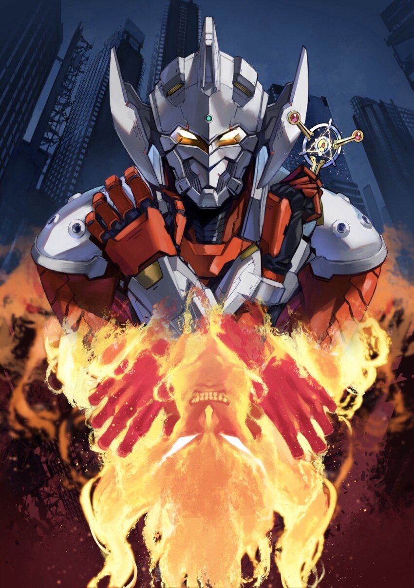 alien alternate_universe armor cover cover_page dorsal_fin gauntlets gloves glowing glowing_eyes helmet highres holding horns looking_at_viewer male_focus manga_cover open_hand power_armor power_gloves red_armor science_fiction shimizu_eiichi shimoguchi_tomohiro tokusatsu ultra_bracelet ultra_series ultra_sign ultraman_(hero&#039;s_comics) ultraman_suit_(hero&#039;s_comics) ultraman_tarou ultraman_tarou_(series) yellow_eyes