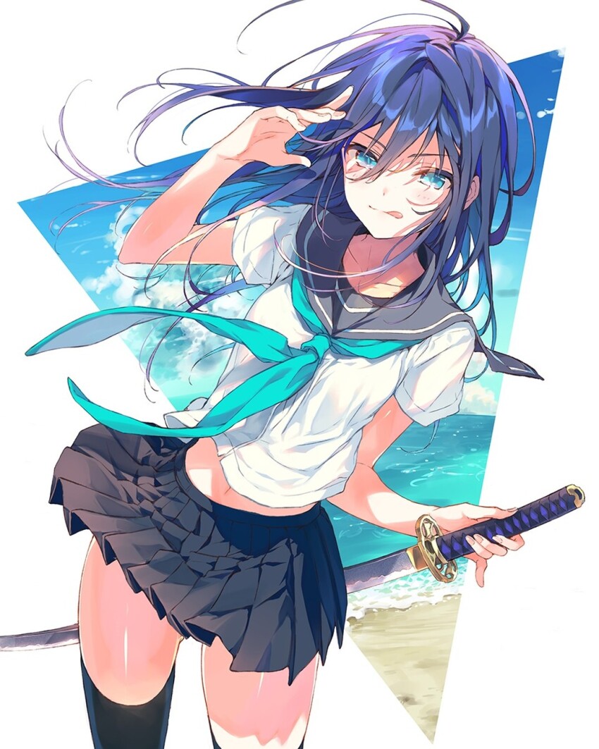 1girl :q aqua_eyes beach cowboy_shot floating_hair hair_between_eyes hand_up highres holding holding_sword holding_weapon katana long_hair midriff neckerchief ocean original pleated_skirt purple_hair reia sailor_collar sailor_shirt shirt skirt solo standing sunao_naoko sword thighhighs tongue tongue_out triangle_background weapon white_background zettai_ryouiki