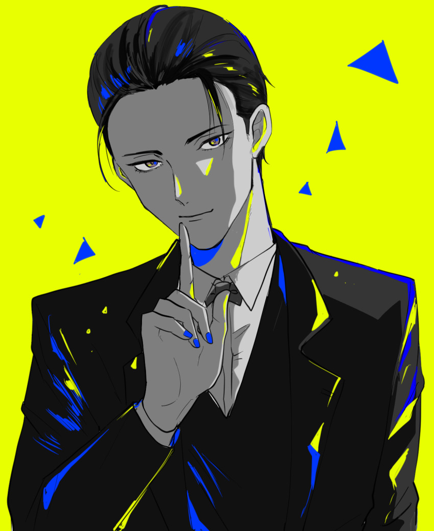 1boy black_hair black_suit bow bowtie collared_shirt detective eyelashes fate/grand_order fate_(series) formal_clothes greyscale_with_colored_background hair_slicked_back head_tilt highres index_finger_raised looking_at_viewer loose_hair_strand nail_polish okome_oisii sherlock_holmes_(fate) shirt solo suit triangle_background yellow_background