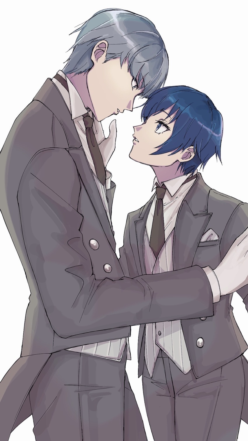 1boy 1girl black_necktie blue_eyes blue_hair collared_shirt commentary_request from_side gloves grey_hair grey_jacket grey_pants hetero highres imminent_kiss jacket narukami_yu necktie pants persona persona_4 reverse_trap shirogane_naoto shirt usa_(kawaii_152cm) white_gloves white_shirt