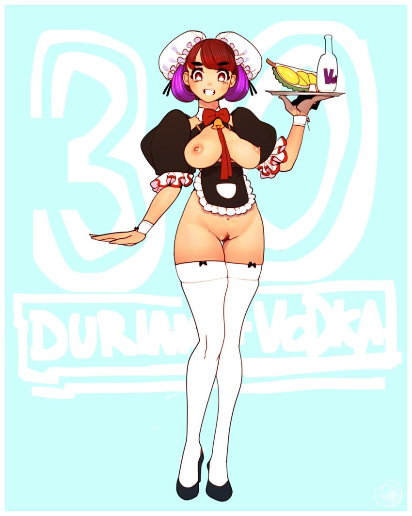 1girl alcohol apron black_bow black_footwear blush bottle bottomless bow bowtie breasts breasts_apart breasts_out cheunchin cleft_of_venus collar commentary cup detached_collar drinking_glass durian english_commentary english_text female_focus female_pubic_hair flats frilled_sleeves frills full_body functionally_nude glass_bottle gluteal_fold green_background highres holding holding_tray large_breasts looking_at_viewer maid maid_apron mole mole_under_eye navel neck_bell nipples original pubic_hair purple_hair pussy red_bow red_bowtie red_eyes revealing_clothes ribbon_between_breasts shot_glass simple_background smile solo sparse_pubic_hair standing tareme thighhighs tray uncensored vodka watermark white_collar white_thighhighs wrist_cuffs