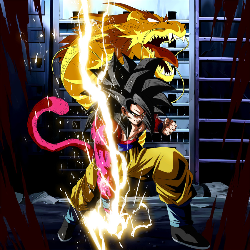 1boy black_hair dragon_ball dragon_ball_gt dragon_ball_legends dragon_fist dragon_fist_(dragon_ball) muscular muscular_male official_art red_fur serious solo son_goku super_saiyan super_saiyan_4 tail yellow_eyes