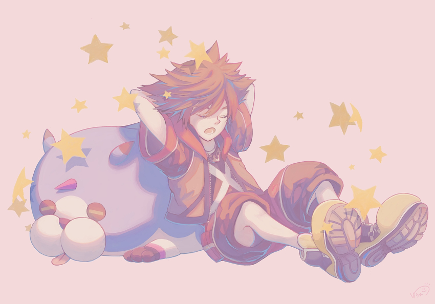 1boy arms_behind_head bodysuit boots brown_hair brown_jacket chain chain_necklace closed_eyes commentary_request crown_necklace dream_eater_(kingdom_hearts) highres jacket jewelry kingdom_hearts kingdom_hearts_3d:_dream_drop_distance leaning_on_animal male_focus necklace open_clothes open_jacket open_mouth red_bodysuit short_hair sitting sleeping solo sora_(kingdom_hearts) spiked_hair star_(symbol) tongue tongue_out twilight_yuuhi wondernyan_(kingdom_hearts) yellow_boots