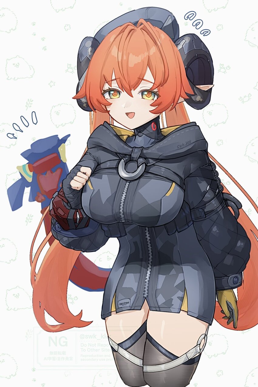 1girl asymmetrical_gloves breasts cropped_hoodie dragon_girl dragon_horns dragon_tail gloves highres hood hoodie horns mismatched_gloves orange_hair orange_pupils orpheus_(zenless_zone_zero) solo suwa_(swk_kkk) tail yellow_gloves zenless_zone_zero