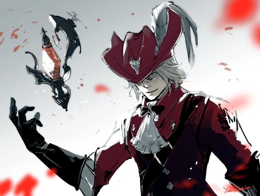 1boy ascot black_gloves elbow_gloves final_fantasy final_fantasy_xiv floating floating_object gloves hat hat_feather looking_at_viewer male_focus red_hat red_mage_(final_fantasy) shirt solo white_ascot x&#039;rhun_tia yabuka_shiwa