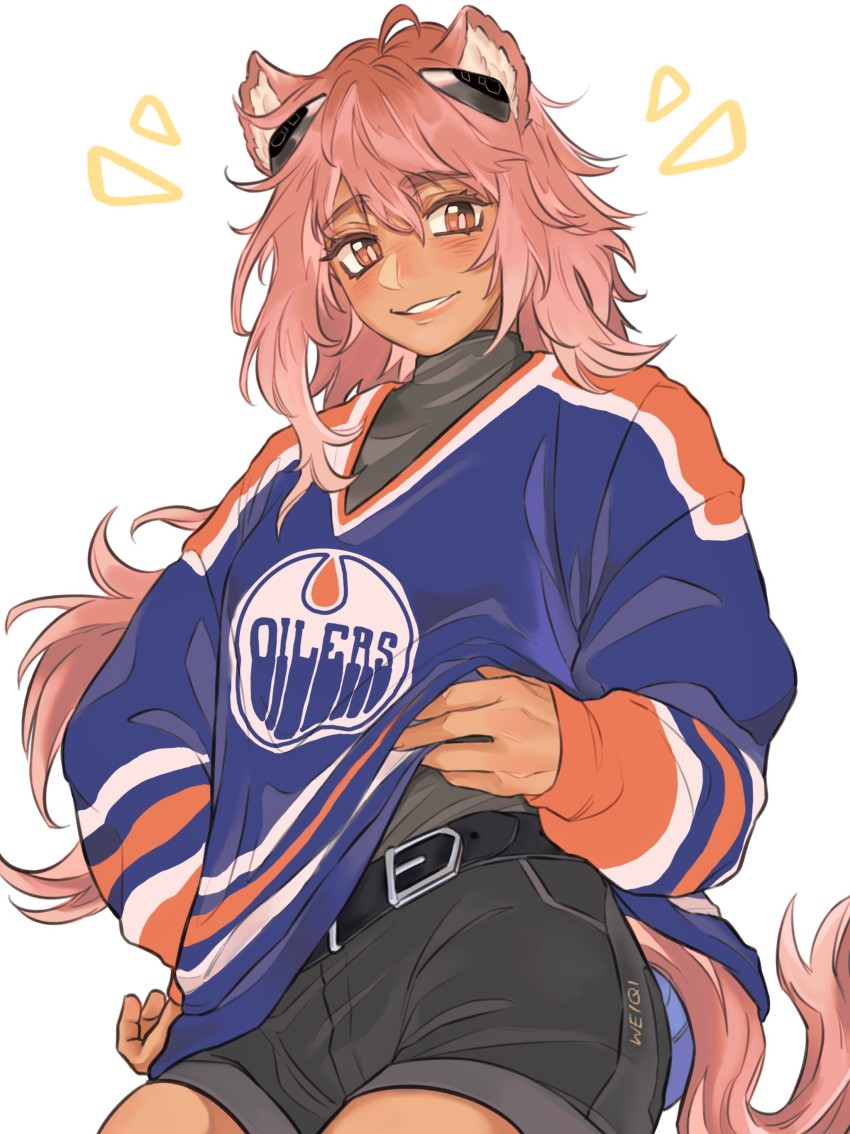 absurdres ahoge animal_ears arknights belt black_belt black_shorts blue_shirt blush commission cowboy_shot dark-skinned_female dark_skin earpiece edmonton_oilers gravel gravel_(arknights) grey_shirt hair_between_eyes highres jersey lips long_hair long_sleeves looking_at_viewer mouse_ears mouse_girl mouse_tail orange_eyes parted_lips pink_hair second-party_source shirt shorts simple_background smile tail undershirt very_long_hair weiqi white_background