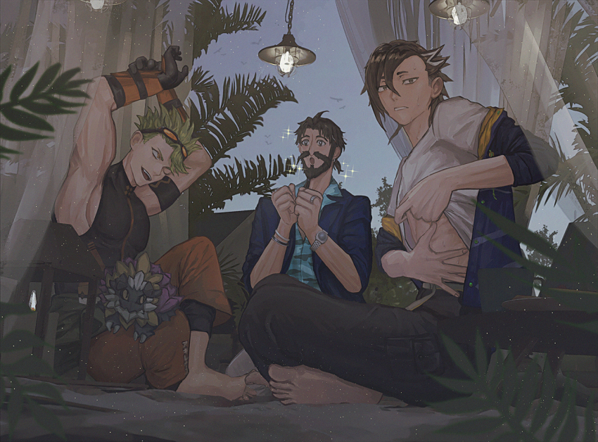 3boys :o ;d achilles_(fate) achilles_(fearless_diver)_(fate) animal animal_on_lap arm_guards armband arms_up asymmetrical_bangs barefoot beard black_eyes black_gloves black_hair black_pants black_shirt blue_jacket blue_shirt bracelet clothes_around_waist clothes_lift curtains edward_teach_(fate) edward_teach_(midsummer_gentleman)_(fate) facial_hair fate/grand_order fate_(series) full_body gloves goggles goggles_on_head green_hair hair_between_eyes hand_on_own_stomach hanging_light hawaiian_shirt jacket jewelry knee_up lifting_own_clothes looking_at_another looking_at_viewer low_ponytail male_focus mandricardo_(fate) mandricardo_(summer_sportswear)_(fate) multiple_boys mustache off_shoulder official_alternate_costume on_lap one_eye_closed open_mouth orange_eyes orange_pants palm_leaf pants parted_lips pectorals ponytail ring shirt shirt_lift short_hair short_ponytail sidepec sitting sleeveless sleeveless_turtleneck smile spiked_hair stretching sweat t-shirt tarasque_(fate) turtleneck watch white_shirt wristwatch yorunue_ro