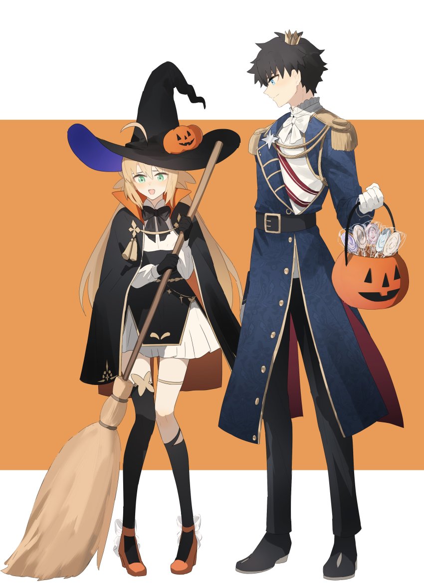 1boy 1girl absurdres ahoge artoria_caster_(fate) artoria_pendragon_(fate) belt black_belt black_bow black_footwear black_gloves black_panties black_pants blonde_hair blue_cloak blue_eyes blue_jacket boots bow broom candy cloak collared_shirt dress fate/grand_order fate_(series) food fujimaru_ritsuka_(male) fujimaru_ritsuka_(male)_(halloween_royalty) gloves green_eyes hat highres holding jacket long_hair long_sleeves ninjin_(ne_f_g_o) open_mouth orange_shoes panties pants pumpkin pumpkin_hat shirt shoes short_dress short_hair simple_background smile star_(symbol) twintails underwear white_bow white_dress white_gloves white_shirt witch_hat