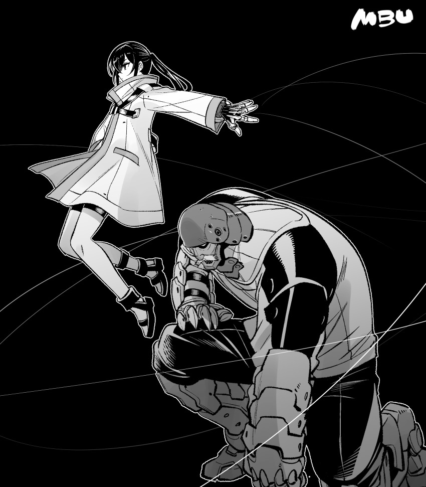 1boy 1girl absurdres armor bodysuit coat gauntlets helmet highres japanese_armor joints kabuto_(helmet) kato_takuji long_hair long_sleeves mechanical_buddy_universe overcoat ponytail robot_joints science_fiction tactical_clothes wire