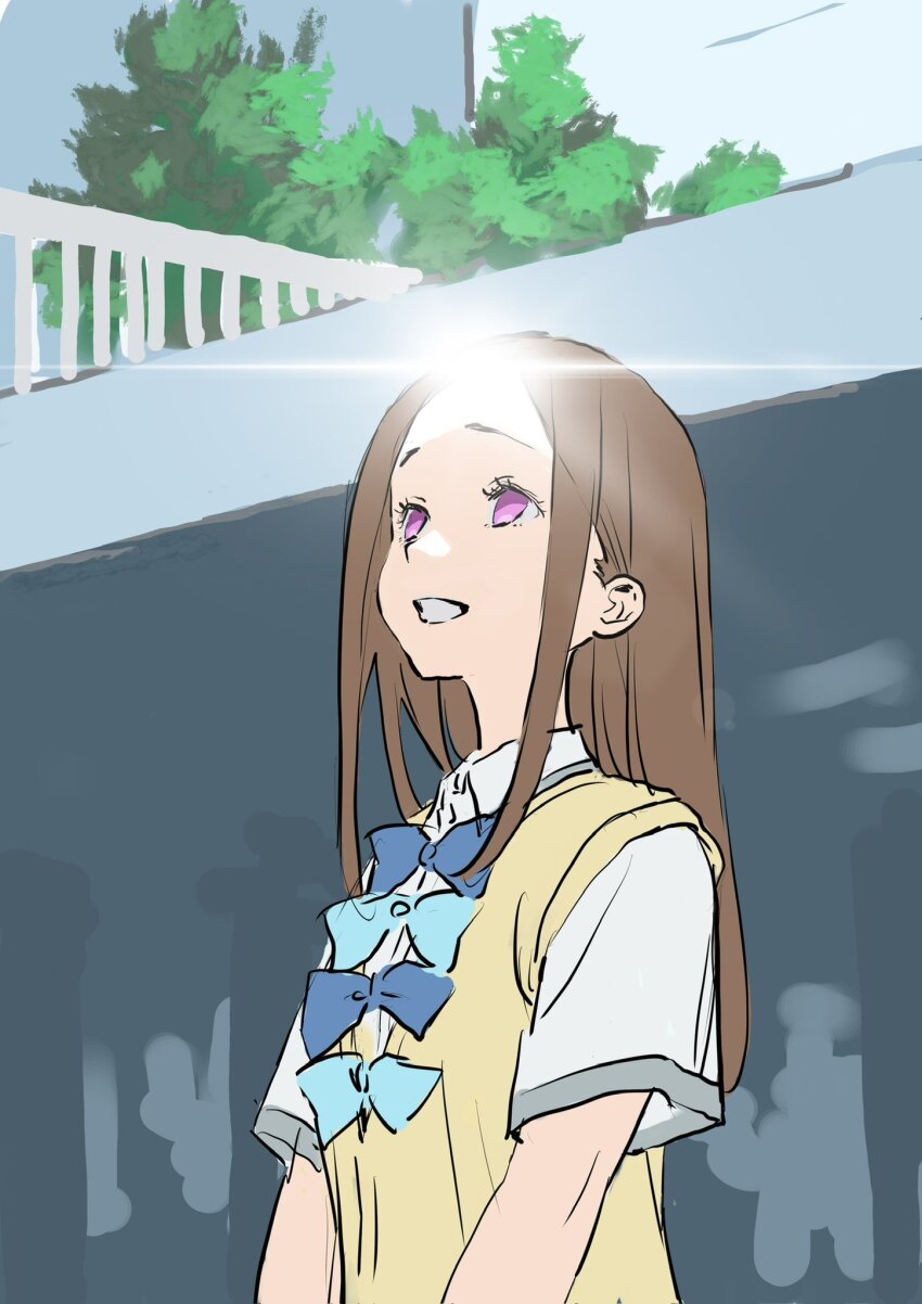 1girl asagumo_chihaya blue_bow blue_bowtie bow bowtie brown_hair day forehead highres large_forehead long_hair looking_up make_heroine_ga_oo_sugiru! parted_bangs pink_eyes railing school_uniform shiny_forehead shiny_skin smile sunlight teeth tree unfinished warder2013