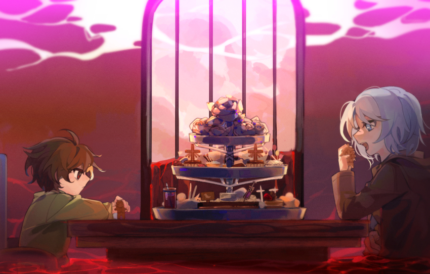 1boy 1girl atou_haruki black_jacket blood blue_eyes blue_hair brown_hair brown_shirt character-themed_food character_cookie enomoto_noa fengtian_(artist) film_grain flower green_shirt hand_on_own_stomach hatsutori_hajime highres isoi_haruki jacket light_blue_hair long_sleeves open_mouth possessed possession red_eyes rose saibou_shinkyoku shirt short_hair syringe tiered_tray white_flower white_rose yanagi_nina