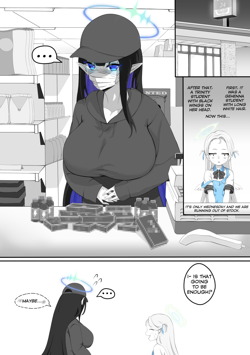 ... 2girls absurdres angel&#039;s_24_uniform_(blue_archive) apron averting_eyes barcode_scanner baseball_cap black_hair blue_apron blue_archive blue_eyes blue_hair blue_halo blush breasts buying_condoms cawl censored colored_inner_hair commentary condom_box convenience_store deadpan energy_drink english_commentary english_text fake_censor flat_chest halo hat highres large_breasts long_hair long_sleeves mask mouth_mask multicolored_hair multiple_girls pointy_ears rin_(blue_archive) shop short_sleeves sora_(blue_archive) spot_color surgical_mask sweat sweater very_long_hair white_wings wings