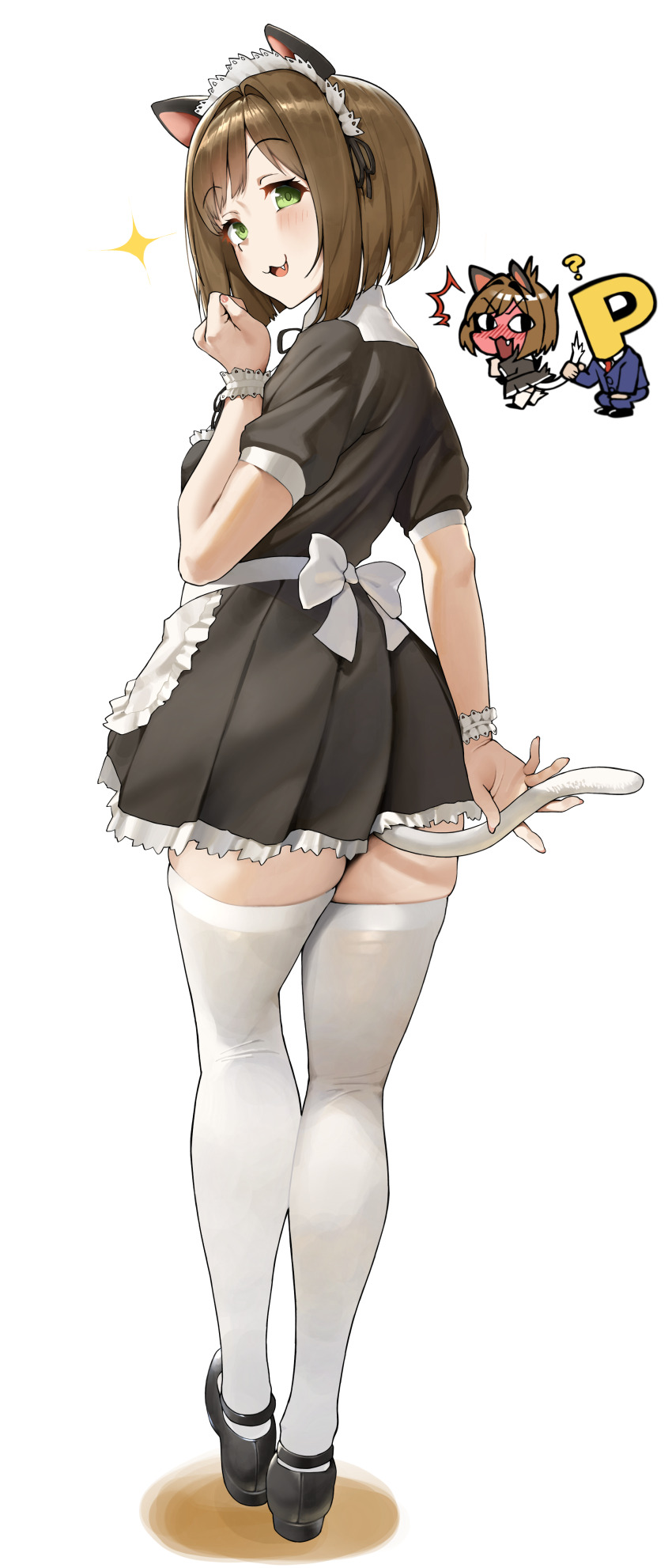 1boy 1girl :3 ? ^^^ absurdres alternate_costume animal_ears apron black_dress black_shoes brown_hair cat_ears cat_tail commentary_request commission dress enmaided fake_animal_ears fake_tail fang fingernails green_eyes highres idolmaster idolmaster_cinderella_girls inset maekawa_miku maid maid_apron maid_headdress p-head_producer producer_(idolmaster) saya_endo_(27) shoes short_hair short_sleeves skeb_commission tail tail_under_clothes thighhighs waist_apron white_apron white_thighhighs zettai_ryouiki