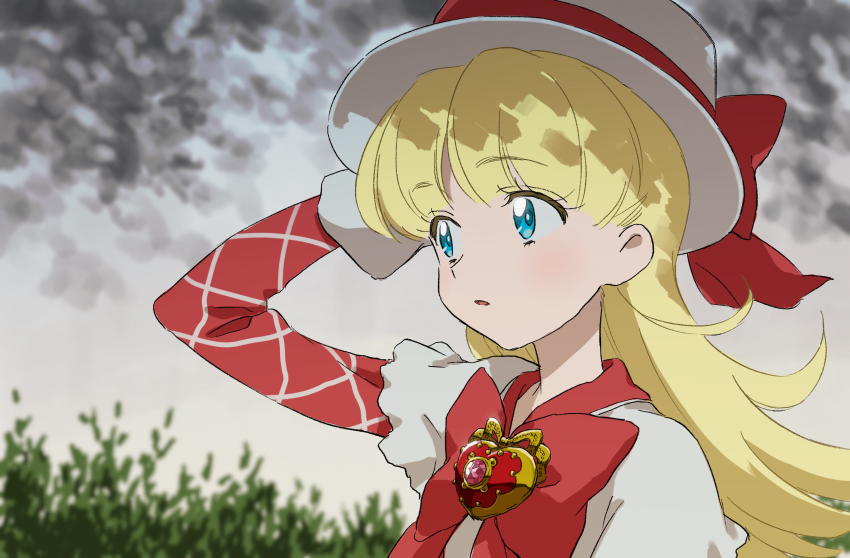 1girl :o ashita_no_nadja blonde_hair blue_eyes bow brooch commentary_request hand_on_headwear hand_up hat hat_bow heart heart_brooch highres jewelry long_hair long_sleeves looking_to_the_side nadja_applefield open_mouth outdoors porkpie_hat solo teruya_(6w6y) upper_body white_hat