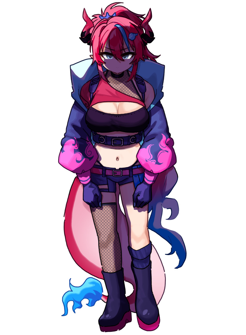 1girl absurdres black_boots blue_fire blue_hair boots breasts cleavage cloud_hair_ornament dragon_girl dragon_horns dragon_tail eyelashes fire fishnets flame-tipped_tail full_body highres horns chromashift jacket kai_saikota large_breasts long_sleeves medium_hair midriff multicolored_hair navel open_clothes open_jacket red_hair red_horns ryoshi shaded_face single_bare_shoulder single_sock socks solo standing streaked_hair tail transparent_background two-tone_hair virtual_youtuber