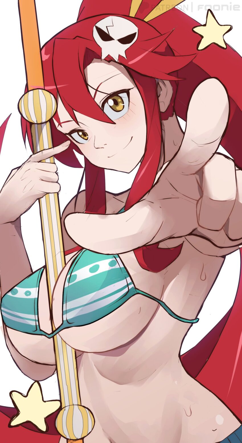1girl between_breasts bikini bikini_top_only breasts clima-tact cosplay denim female_focus funi_xd green_bikini high_ponytail highres jeans large_breasts looking_at_viewer nami_(one_piece) nami_(one_piece)_(cosplay) nami_(one_piece)_(return_to_sabaody) navel object_between_breasts one_piece pants pointing pointing_at_viewer ponytail red_hair smile solo star_(symbol) striped_bikini striped_clothes sweat swimsuit tengen_toppa_gurren_lagann yellow_eyes yoko_littner