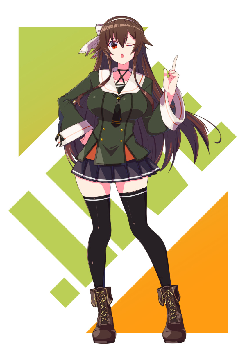 .live black_legwear boots breasts brown_hair collarbone full_body green_background highres large_breasts lecturing looking_at_viewer one_eye_closed open_mouth pointing red_eyes rune_(ru-nn) school_uniform simple_background solo virtual_youtuber yaezawa_natori