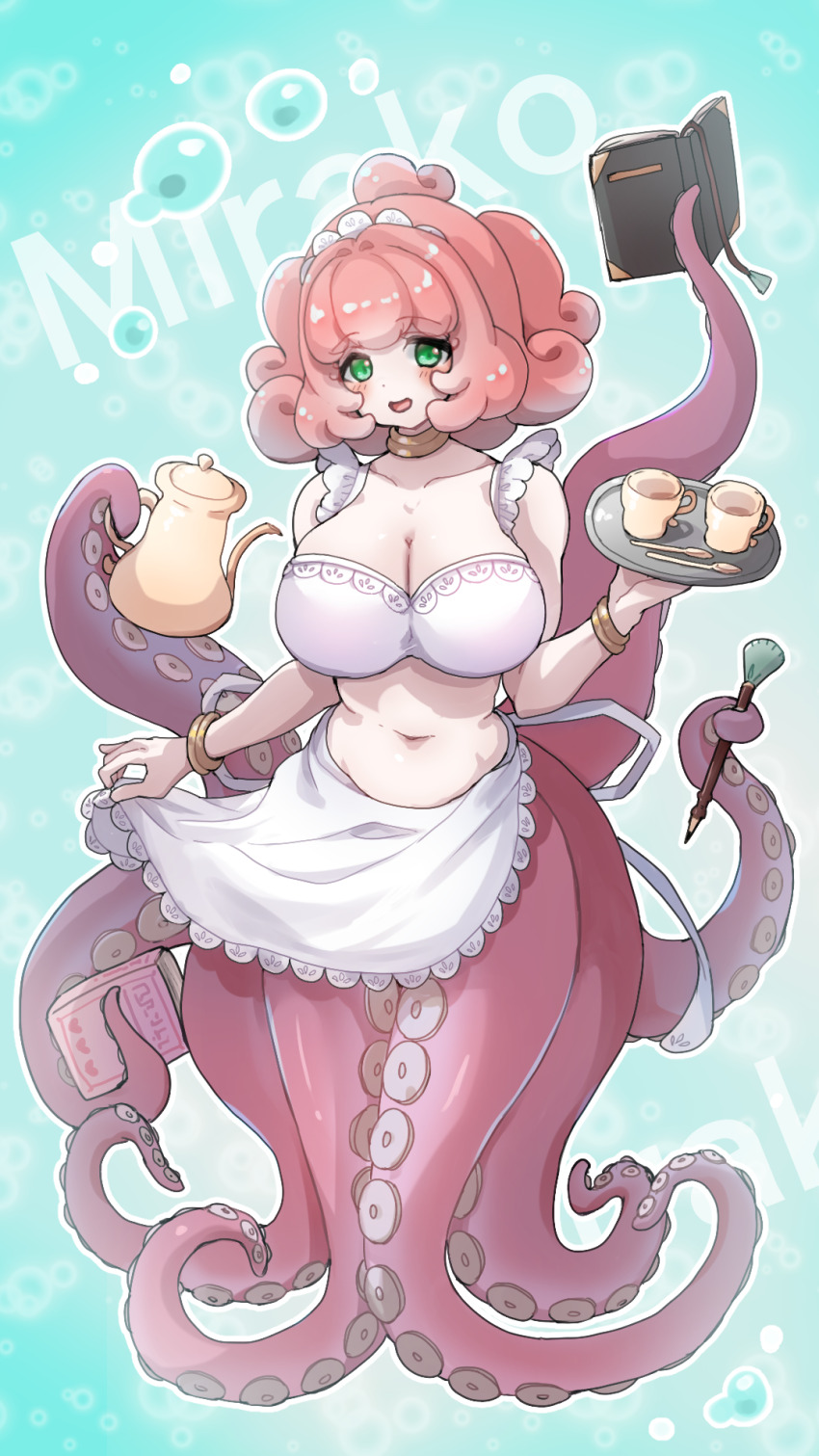 1girl apron blush book breasts bubble choker cleavage commentary_request green_eyes highres holding holding_book holding_pen holding_teapot komena_(shinyday312) large_breasts maid maid_headdress monster_girl open_mouth original pen pink_hair plump scylla short_hair smile solo teapot tentacles wristband