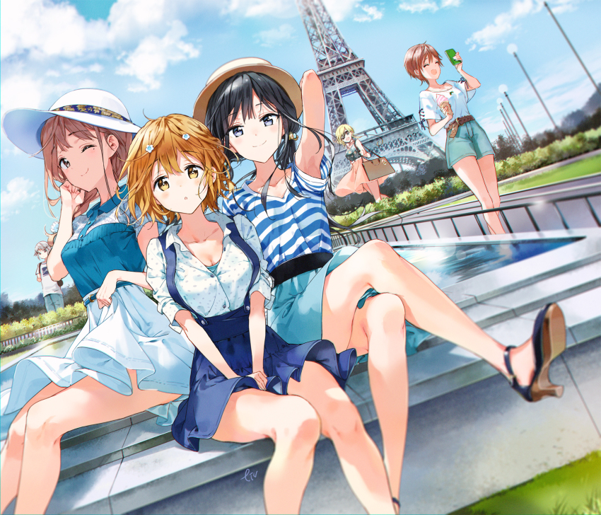 6+girls :o adagaki_aki arm_up armpits bare_legs belt black_hair blush breasts brown_belt brown_hair cleavage denim dutch_angle eiffel_tower eyepatch flower food fountain fujinomiya_neko futaba_tae hair_flower hair_ornament hand_on_own_face hands_on_lap hat high_heels highres ice_cream jeans koiwai_yoshino long_hair masamune-kun_no_revenge medium_breasts medium_hair multiple_girls muriel_besson one_eye_closed orange_hair pants paris selfie shirt short_hair short_shorts shorts shuri_kojuurou skirt striped_clothes striped_shirt tiv white_hair
