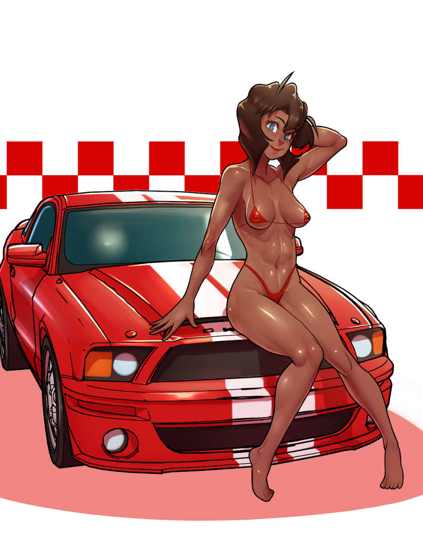 1990s_(style) 1girl abs absurdres arm_up barefoot bikini black_hair blue_eyes breasts brown_hair car covered_erect_nipples dark-skinned_female dark_skin female_focus ford ford_mustang ford_mustang_s197 gunsmith_cats highleg highleg_bikini highres john_doe_(jdart) knees_together_feet_apart lipstick looking_at_viewer makeup md5_mismatch micro_bikini motor_vehicle navel on_car on_vehicle rally_vincent red_bikini resized resolution_mismatch retro_artstyle shelby_gt500 shiny_skin short_hair simple_background sitting smile solo source_smaller swimsuit toes toned toned_female upscaled very_dark_skin