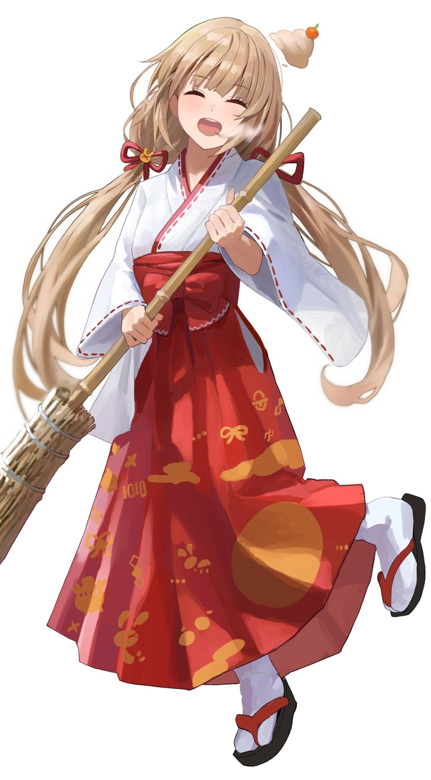 1girl :d ^_^ bad_id bad_pixiv_id bamboo_broom black_sandals blush bow breath broom brown_hair closed_eyes commentary_request facing_viewer hair_ribbon hakama hakama_skirt highres holding holding_broom japanese_clothes kimono long_hair long_sleeves low_twintails miko natori_sana natori_sana_(miko) open_mouth red_bow red_hakama red_ribbon ribbon ribbon-trimmed_kimono ribbon-trimmed_sleeves ribbon_trim sana_channel sandals skirt smile socks solo standing standing_on_one_leg suketoudara_(artist) tabi twintails very_long_hair virtual_youtuber white_kimono white_socks wide_sleeves zouri