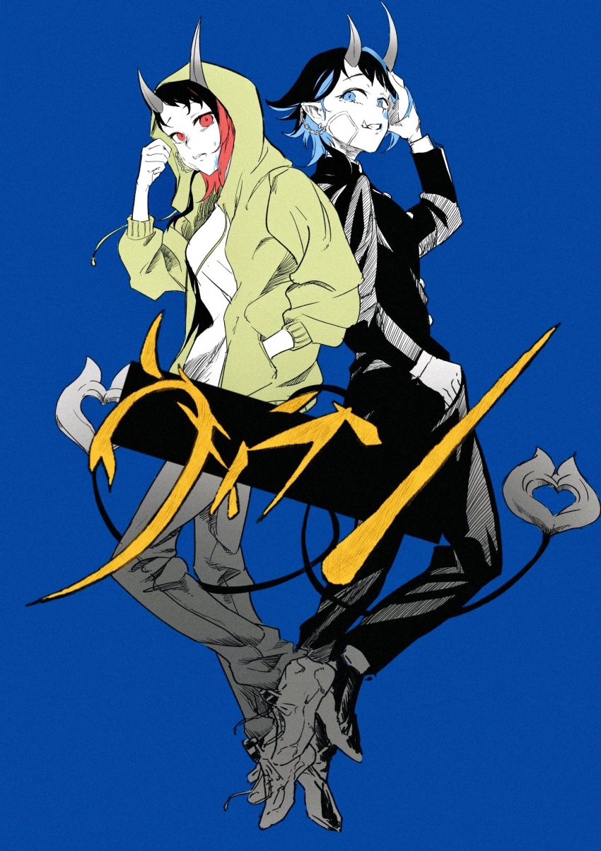 2girls alternate_eye_color alternate_hair_color black_hair black_jacket black_pants blue_background blue_eyes breasts chain commentary_request demon_girl demon_horns demon_tail dual_persona ear_chain ear_piercing full_body gin_(tttetu123) grey_pants grin hand_in_pocket highres hood hood_up hoodie horns jacket large_breasts limited_palette linked_piercing looking_at_viewer multicolored_hair multiple_girls nanashi_inc. pants piercing pointy_ears red_hair ryugasaki_rene shirt short_hair simple_background smile sugar_lyric tail two-tone_hair virtual_youtuber white_shirt yellow_hoodie