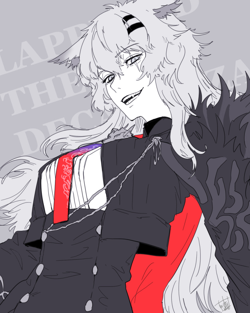 1girl aiguillette animal_ear_fluff animal_ears arknights black_jacket bolo_tie cape fang gradient_necktie grey_eyes grey_hair hair_between_eyes hair_ornament hairclip high-waist_skirt highres jacket lappland_(arknights) lappland_the_decadenza_(arknights) long_hair multicolored_necktie necktie open_mouth red_cape scar scar_across_eye scar_on_face shao_(newton) simple_background single_shoulder_pad skirt solo text_background two-tone_necktie upper_body wolf_brooch wolf_ears wolf_girl
