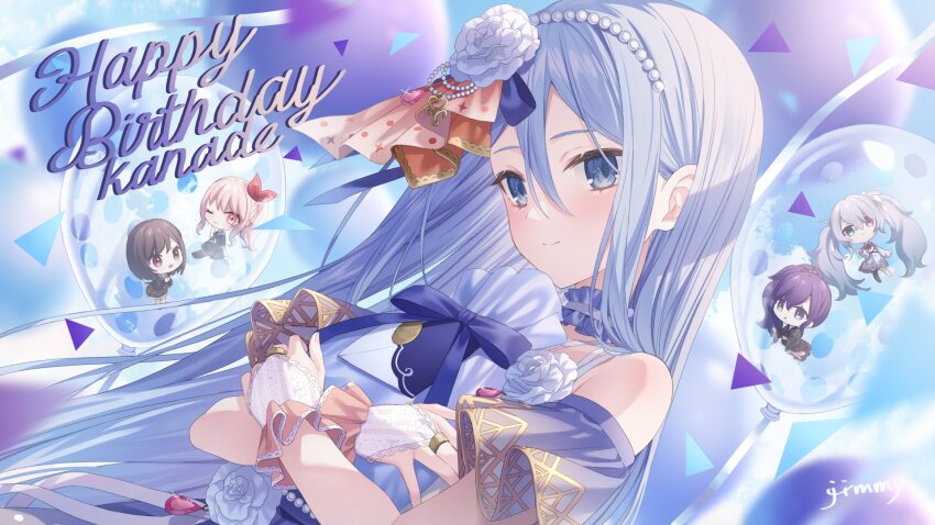 1other 25-ji_nightcord_de._(project_sekai) 4girls :d ;) akiyama_mizuki asahina_mafuyu bag balloon black_skirt blue_eyes blurry blurry_background bridal_gauntlets brown_hair character_name chibi closed_mouth commentary_request dress flower green_eyes grey_hair guest_art happy_birthday hatsune_miku heterochromia highres holding holding_bag jimmy_madomagi lace multiple_girls one_eye_closed open_mouth pearl_hairband pink_eyes pink_hair pleated_skirt project_sekai purple_eyes purple_hair purple_ribbon ribbon school_uniform second-party_source serafuku shinonome_ena signature skirt smile solo_focus triangle twintails white_dress white_flower yoisaki_kanade