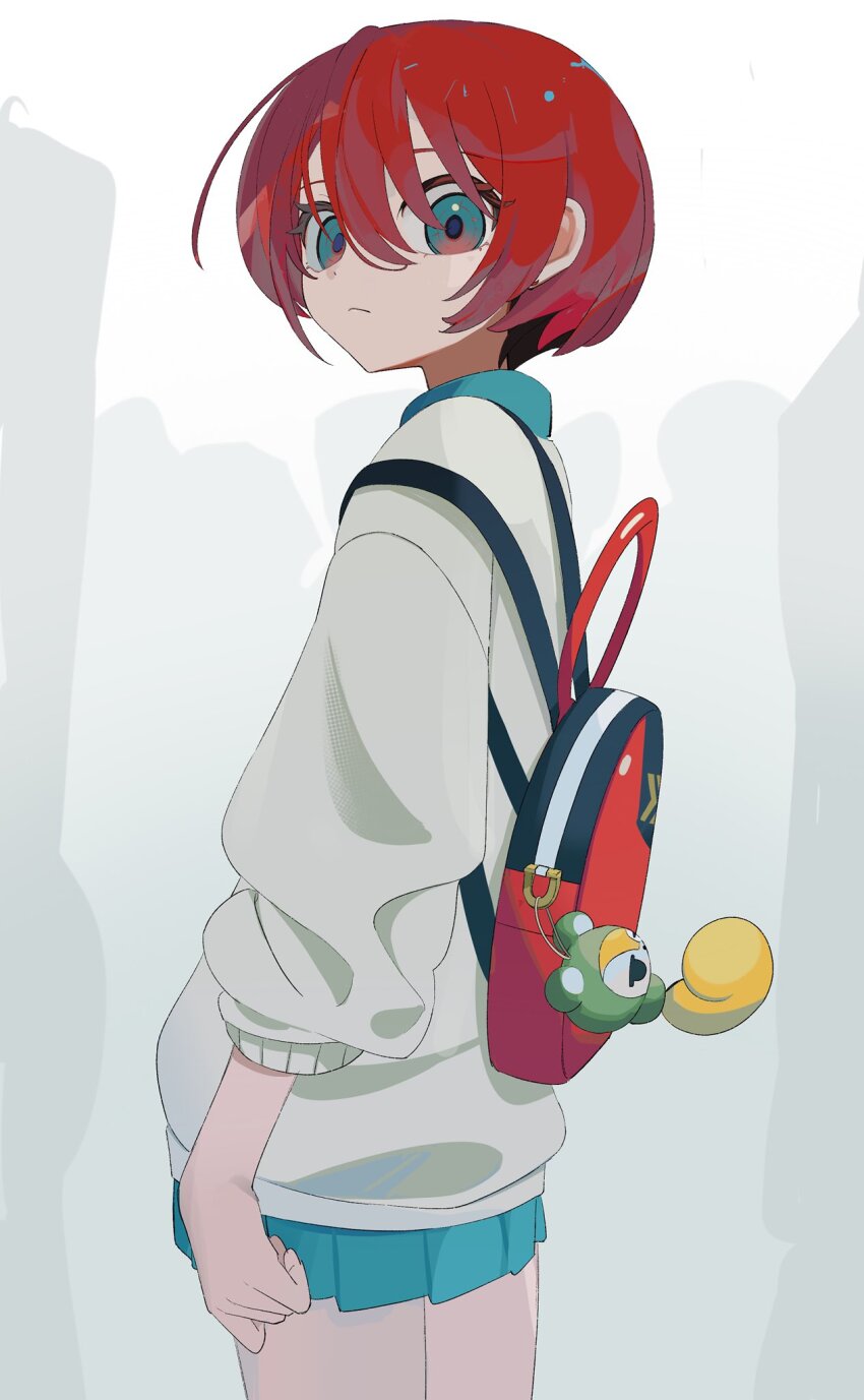 1girl amate_yuzuriha arm_at_side backpack bag bag_charm charm_(object) closed_mouth cowboy_shot expressionless from_side green_eyes green_skirt gundam gundam_gquuuuuux hair_between_eyes highres looking_at_viewer miniskirt o-three pleated_skirt red_hair school_uniform short_hair skirt sleeves_pushed_up solo standing sweater white_sweater