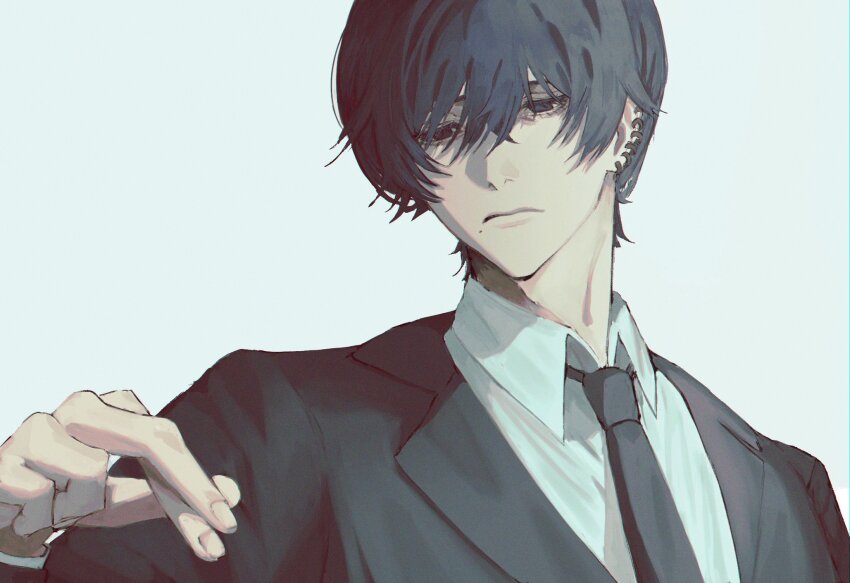 1boy black_eyes black_hair black_necktie chainsaw_man closed_mouth collared_shirt ear_piercing earrings fingernails formal_clothes grey_background highres jewelry long_sleeves looking_at_hand male_focus mole mole_under_mouth multiple_piercings necktie piercing shirt short_hair simple_background solo suit vermirel yoshida_hirofumi