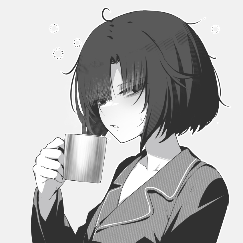 1girl blunt_bangs breasts cup eki_doki greyscale highres holding holding_cup looking_at_viewer medium_breasts monochrome original pajamas parted_lips short_hair solo