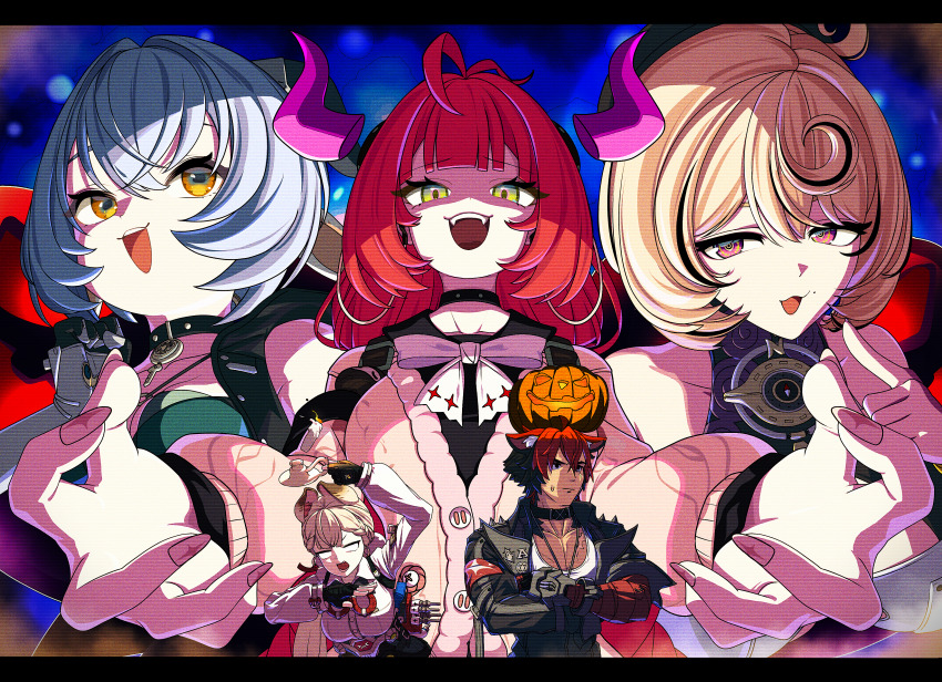 1boy 4girls absurdres accessories akaika_(aka) alice_thymefield animal_ear_fluff animal_ears arm_up bare_shoulders belt black_gloves black_hair black_horns black_jacket black_sailor_collar blank_eyes blonde_hair blue_background blue_hair bra breasts cardigan chest_bow choker collar collarbone commentary_request crossed_arms demon_horns detached_horns dog_boy dog_ears fingerless_gloves gloves goat_ears goat_girl goat_horns green_bra green_eyes hair_between_eyes hair_ornament highres horizontal_pupils horns jacket jewelry key key_choker komano_manato letterboxed looking_at_viewer looking_to_the_side low_twintails lucia_elowen mole mole_under_mouth monster_girl multicolored_hair multiple_girls multiple_scars muscular muscular_male nail_polish necklace open_mouth pectorals pink_cardigan pointy_ears pumpkin_on_head purple_eyes purple_horns rabbit_ears rabbit_girl red_bandage red_eyes red_hair ringed_eyes sailor_collar scar scar_across_eye scar_on_chest scar_on_face scylla shirt sphere_hair_ornament spiked_jacket sweatdrop tentacle_girl twintails ukinami_yuzuha underwear upper_body white_shirt yellow_eyes yidhari_murphy zenless_zone_zero