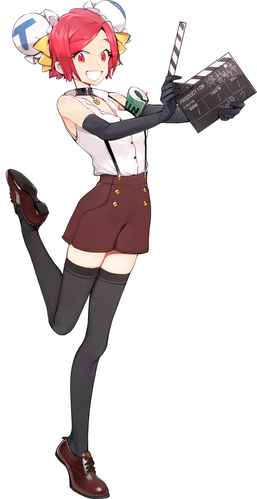 absurdres acfun bare_shoulders black_gloves black_thighhighs book brown_footwear brown_shorts bun_cover choker ciciya clapperboard collared_vest double_bun elbow_gloves gloves grin hair_bun hair_ribbon highres holding holding_book leg_up looking_at_viewer official_art overall_shorts overalls oxfords red_eyes red_hair ribbon shorts smile solo standing standing_on_one_leg td_girl thighhighs vest white_background white_vest yellow_ribbon zettai_ryouiki