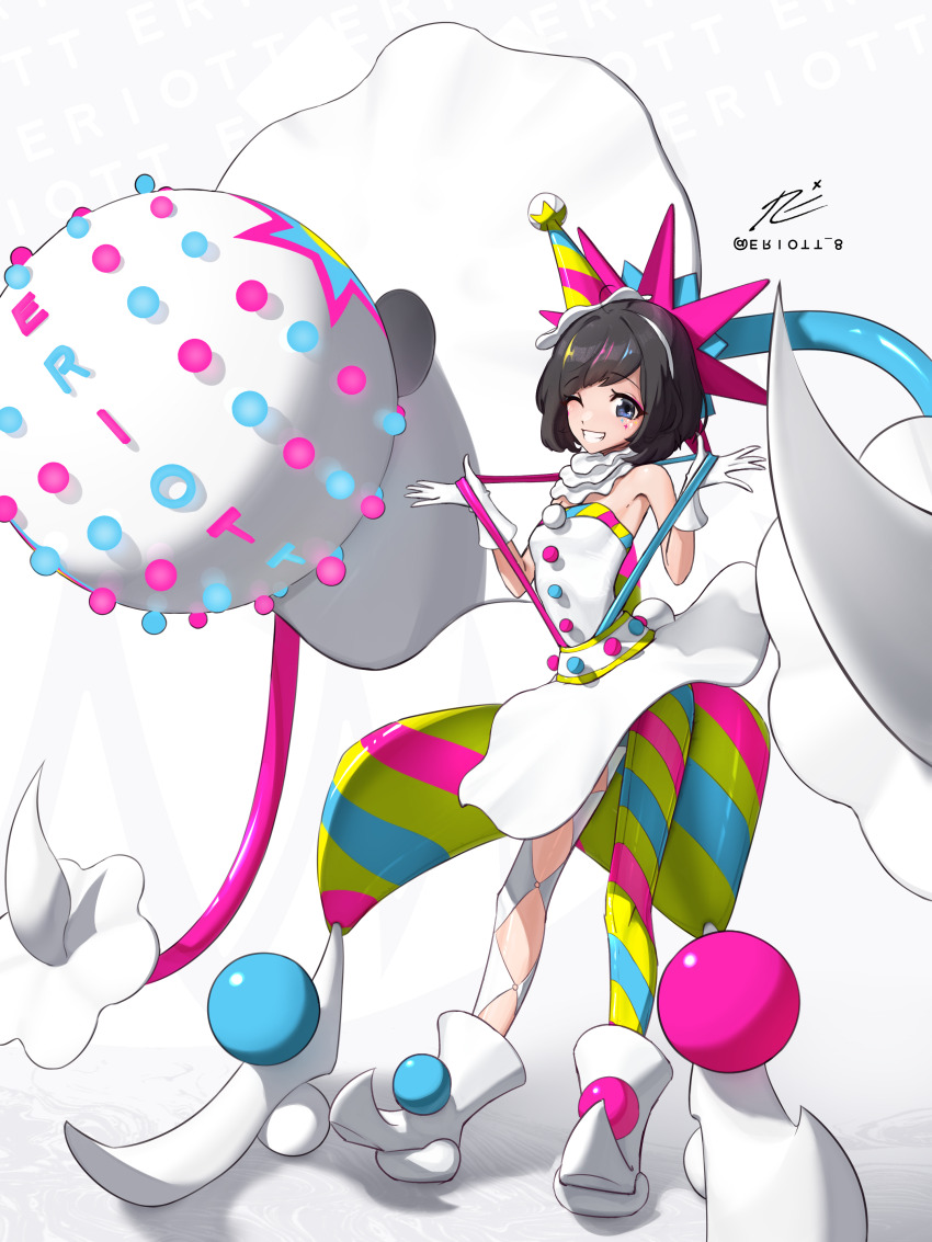 1girl absurdres alternate_costume artist_name asymmetrical_legwear bare_shoulders blacephalon black_hair boots commentary dress english_commentary eriott eyelashes gen_7_pokemon gloves grey_eyes hat highres mismatched_legwear multicolored_hat nintendo one_eye_closed pokemon pokemon_(creature) pokemon_sm selene_(pokemon) short_hair signature simple_background smile standing suspenders suspenders_pull twitter_username ultra_beast white_background white_boots white_dress white_gloves