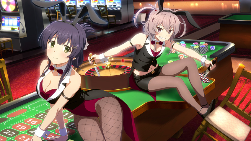 2girls animal_ears bare_shoulders black_footwear black_hairband black_nails black_skirt breasts brown_pantyhose card casino chair cleavage closed_mouth detached_collar dual_wielding fake_animal_ears fishnet_pantyhose fishnets game_cg green_eyes grey_hair hairband high_heels holding holding_sword holding_weapon indoors katana large_breasts leotard looking_at_viewer midriff miniskirt multiple_girls nail_polish navel official_art pantyhose pencil_skirt playboy_bunny poker_chip purple_eyes purple_hair rabbit_ears roulette_table shichinosato_kofuki short_hair short_sword sitting skirt slot_machine small_breasts smile sword table tantou toji_no_miko toji_no_miko:_kizamishi_issen_no_tomoshibi weapon wrist_cuffs yanase_mai