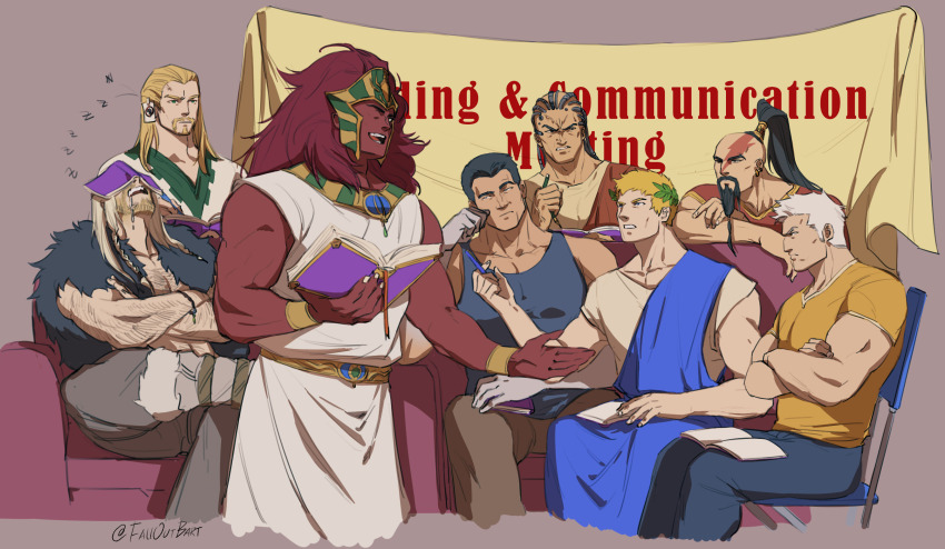 6+boys ancient_egyptian_clothes ancient_egyptian_hat angron arm_hair bald banner beard beard_stubble black_hair blonde_hair blue_pants blue_tank_top book book_on_head bracer braid broken_pencil brown_pants cable chair cheekbones chest_hair closed_eyes colored_skin commentary couch dark_angels drooling english_commentary facial_hair falloutbart ferrus_manus folding_chair from_side frown full_beard fur-trimmed_footwear fur_trim goatee hairy head_tilt high_ponytail highres holding holding_book holding_pencil imperial_fists iron_hands_(warhammer) iron_warriors jaghatai_khan laurel_crown leman_russ lightning_bolt_symbol lion_el&#039;jonson long_beard long_hair long_mustache magnus_the_red male_focus mature_male mechabare missing_eye multiple_boys muscular muscular_male mustache object_on_head on_couch open_mouth pants pectoral_cleavage pectorals pencil perturabo ponytail primarch purple_background red_hair red_skin roboute_guilliman rogal_dorn shirt short_hair signature simple_background sitting smile space_wolves standing straight-on stubble t-shirt talking tank_top thick_eyebrows thousand_sons tied_beard toga topknot ultramarines warhammer_40k white_scars world_eaters yellow_shirt zzz