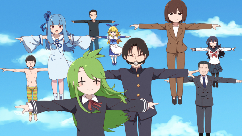 +_+ 4boys 5girls ai-generated_art_(topic) apron black_hair black_pantyhose black_shirt blonde_hair blue_bow blue_bowtie blue_hair blue_necktie blue_ribbon blue_sky blue_sleeves blush bow bowtie brown_jacket brown_pants character_request closed_mouth cloud commentary_request day detached_sleeves formal_clothes fuka_(kantoku) full_body gag gagged glasses green_hair green_pants hair_intakes highres jacket kobayashi-san_chi_no_maidragon kotonoha_aoi long_hair long_sleeves looking_at_viewer manager_(inmu) manatsu_no_yo_no_inmu multiple_boys multiple_girls neck_ribbon neckerchief necktie office_lady opaque_glasses open_mouth outdoors pants pantyhose red_neckerchief ribbon school_uniform serafuku shirt short_hair sidelocks sky smile striped_clothes striped_pants suit t-pose takuya_(acceed) tone_sphere topless_male trin_(tone_sphere) very_short_hair voiceroid waist_apron white_shirt wiffle_gag