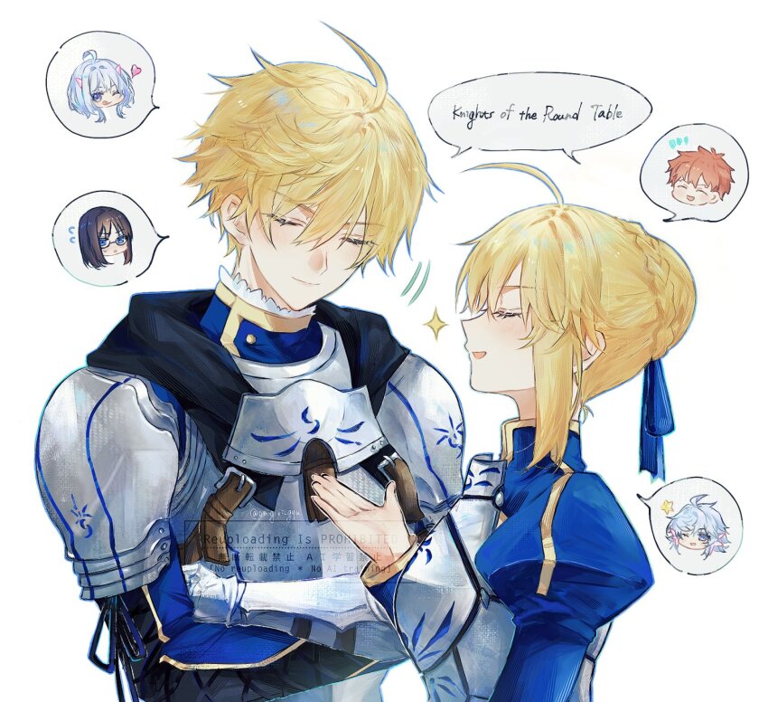 1boy 1girl ahoge armor arthur_pendragon_(fate) artoria_pendragon_(fate) blonde_hair blue_ribbon bun_with_braided_base closed_mouth commentary crossed_arms emiya_shirou fate/grand_order fate/prototype fate/stay_night fate_(series) hair_ribbon hand_up highres merlin_(fate) merlin_(fate/prototype) nigiri ribbon saber_(fate) sajou_ayaka_(fate/prototype) shared_speech_bubble shoulder_armor simple_background sparkle speech_bubble spoken_character talking twitter_username upper_body watermark white_background
