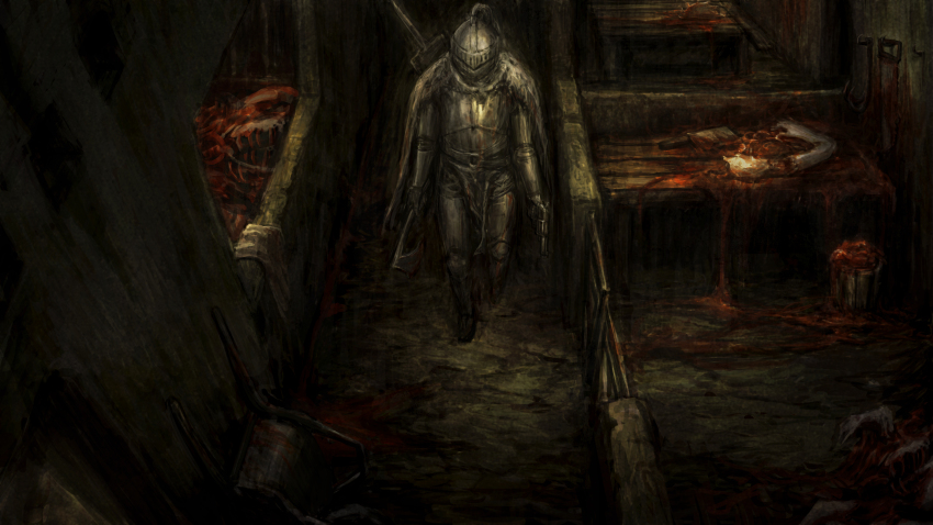 1boy absurdres armor armored_boots axe black_souls blood boots bucket cape corpse disembodied_hand full_armor full_body fur_cape gauntlets grey_cape grimm_(black_souls) gun helmet highres holding holding_axe holding_gun holding_weapon indoors knight solo sword sword_on_back table weapon weapon_on_back xumi