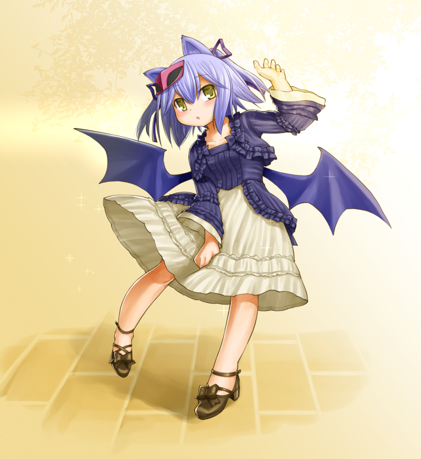 1girl animal_ears blue_hair blush cat_ears character_request demon_wings female_focus frills full_body gradient_background hair_ribbon highres kasuga_yukihito long_skirt low_wings mask mask_on_head mini_wings ribbon shoes short_hair skirt skirt_tug solo two_side_up wings yellow_eyes