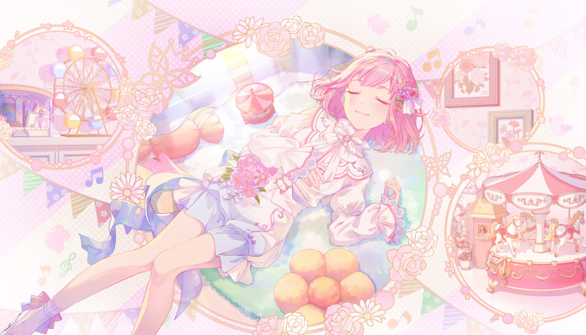 1girl bug butterfly carousel closed_eyes closed_mouth colorful_palette ferris_wheel flower game_cg highres insect musical_note official_art ootori_emu pink_hair project_sekai